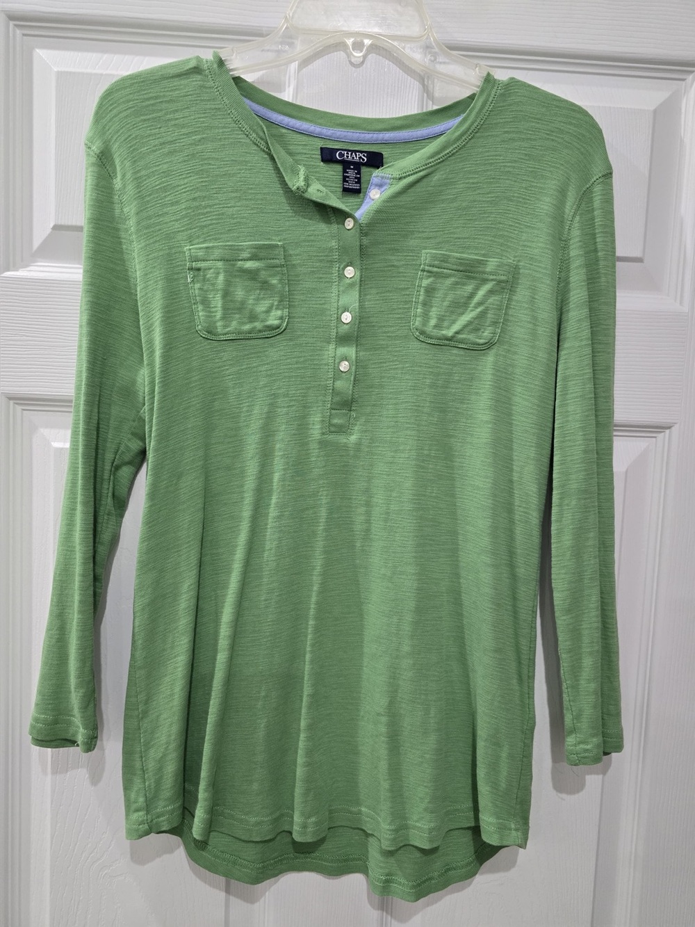 Chaps Green Henley Top with Blue Trim Size M